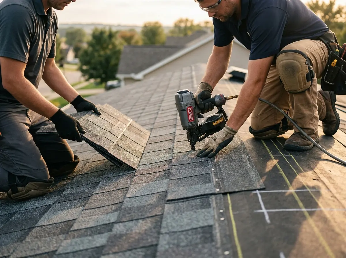Professional roofer working on a residential roof in South Bend